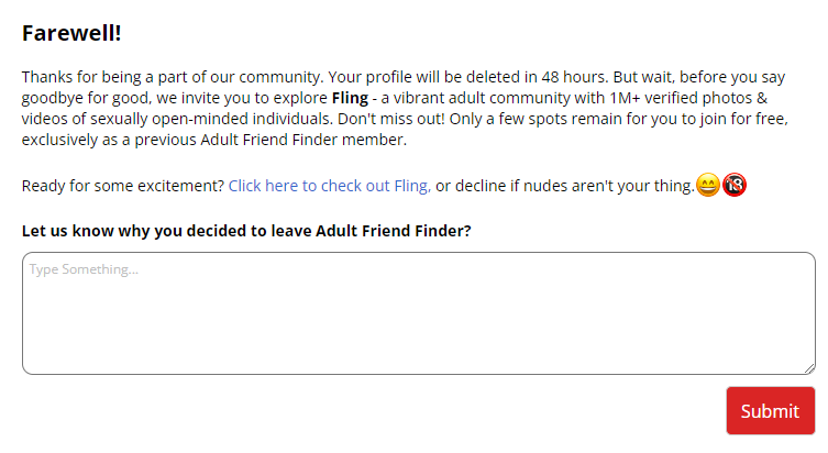 Adult Friend Finder Delete Account - Step 1