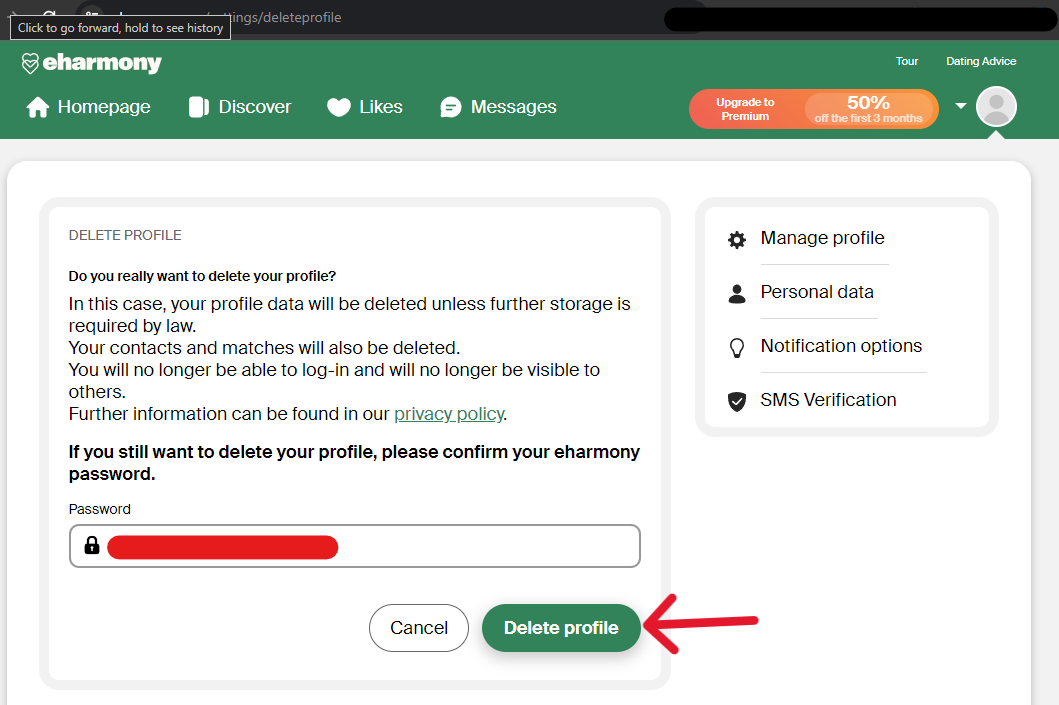 eHarmony Delete Account - Step 5