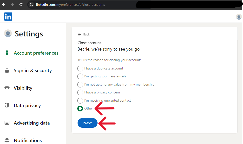 LinkedIn Delete Account - Step 4