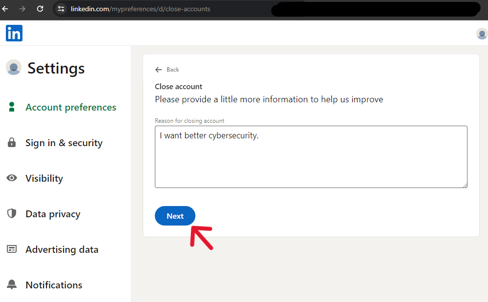 LinkedIn Delete Account - Step 7