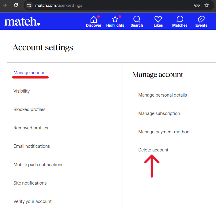 Match.com Delete Account - Step 2