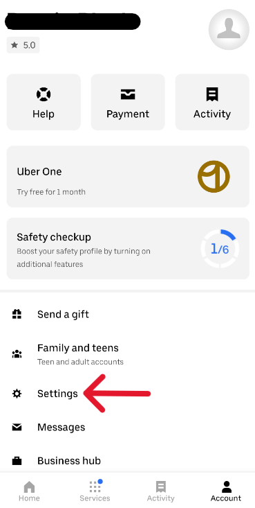 Uber Delete Account - Step 1