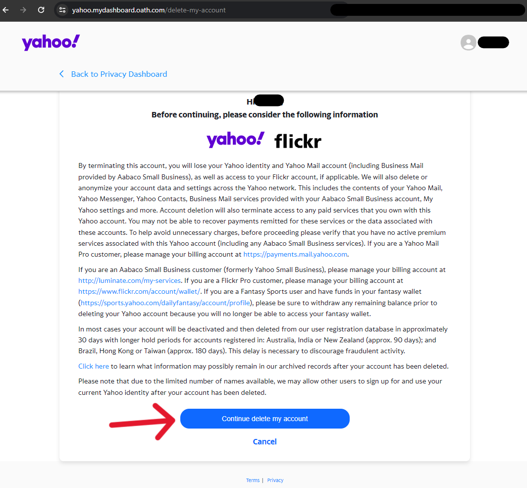 Yahoo Delete Account - Step 14