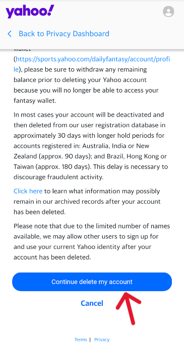 Yahoo Delete Account - Step 3