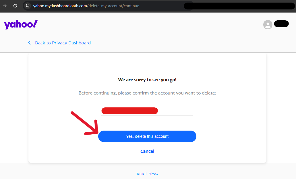 Yahoo Delete Account - Step 5